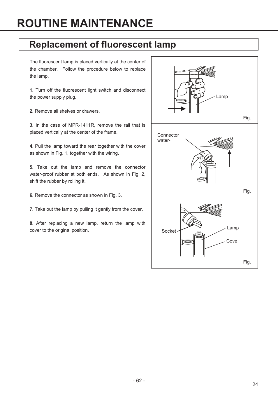 Routine maintenance, Replacement of fluorescent lamp | Sanyo MPR-1411R User Manual | Page 25 / 41