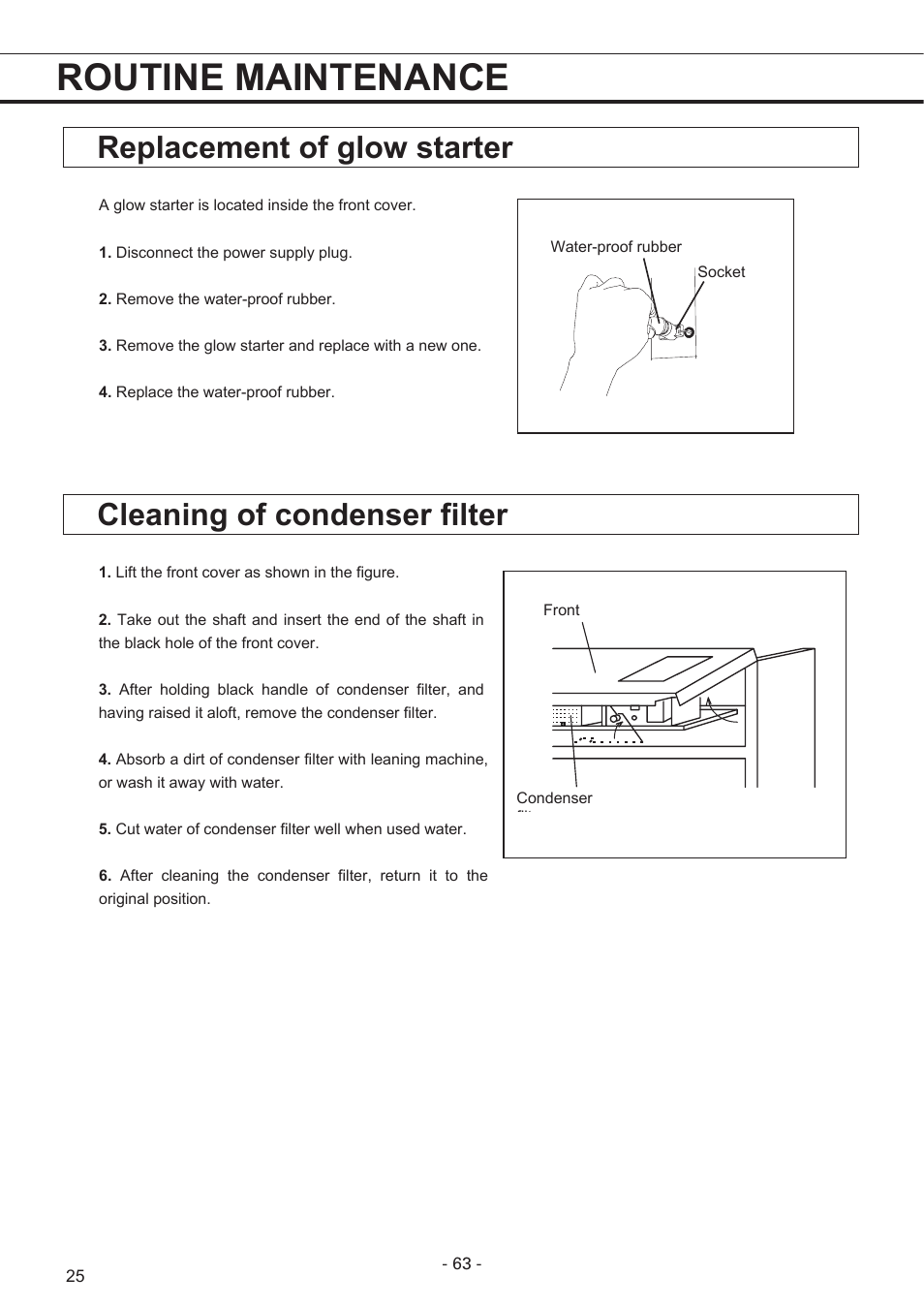 Routine maintenance, Replacement of glow starter, Cleaning of condenser filter | Sanyo MPR-1411R User Manual | Page 26 / 41