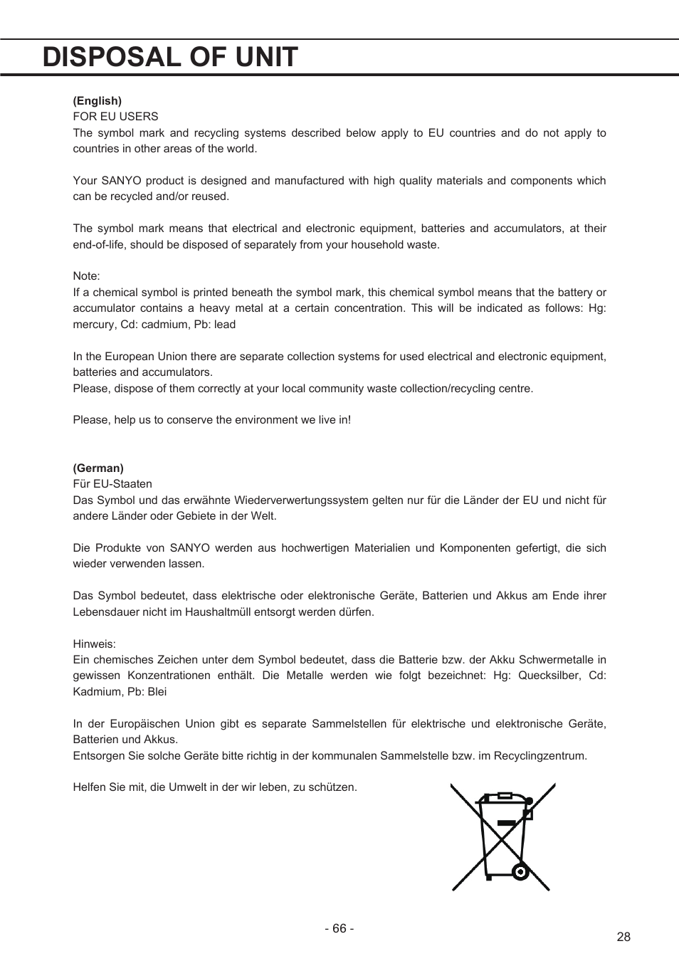 Disposal of unit | Sanyo MPR-1411R User Manual | Page 29 / 41