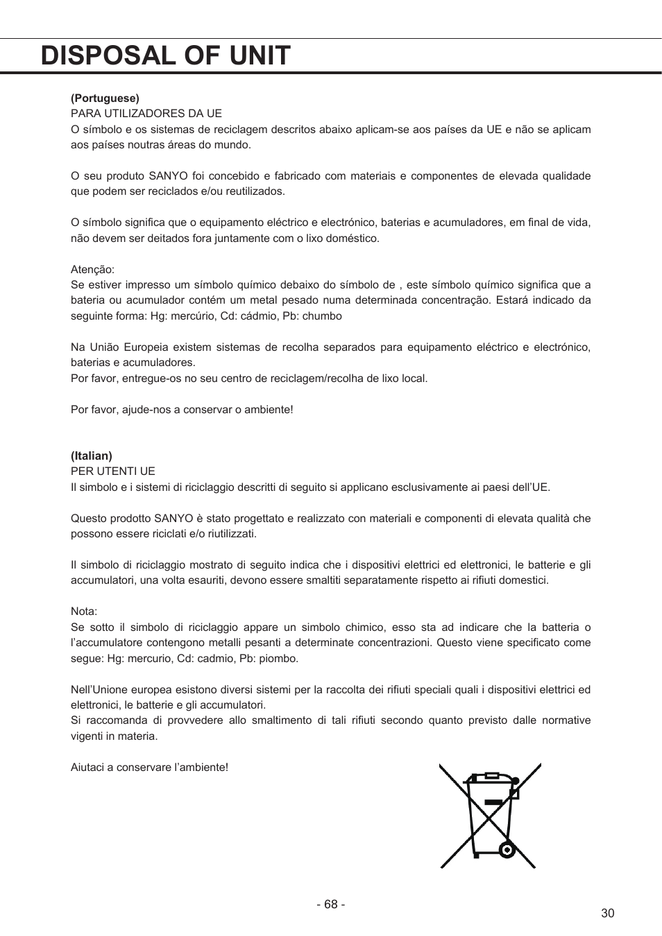 Disposal of unit | Sanyo MPR-1411R User Manual | Page 31 / 41