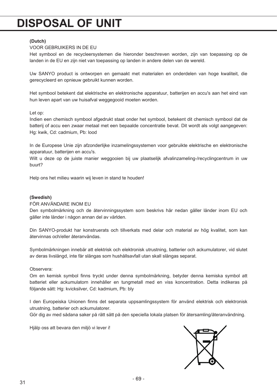 Disposal of unit | Sanyo MPR-1411R User Manual | Page 32 / 41