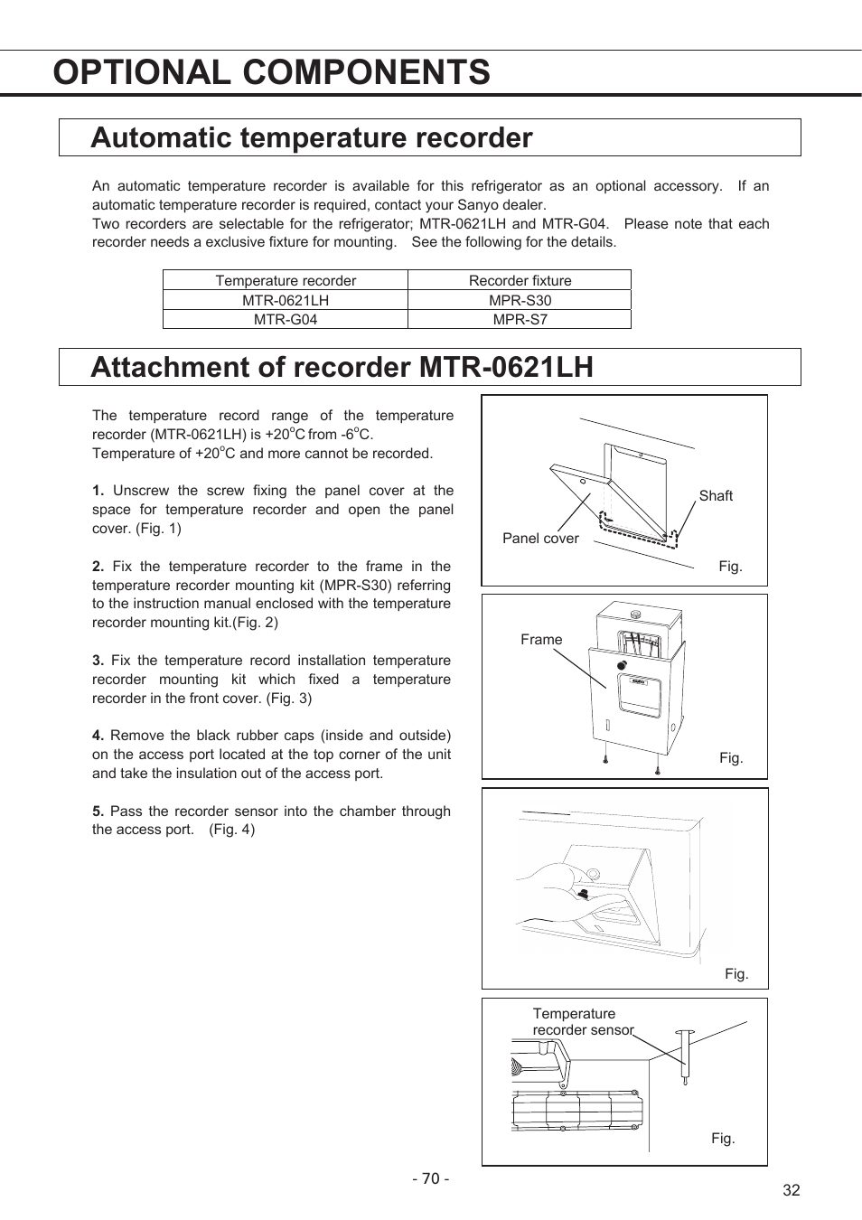 Optional components, Automatic temperature recorder, Attachment of recorder mtr-0621lh | Sanyo MPR-1411R User Manual | Page 33 / 41