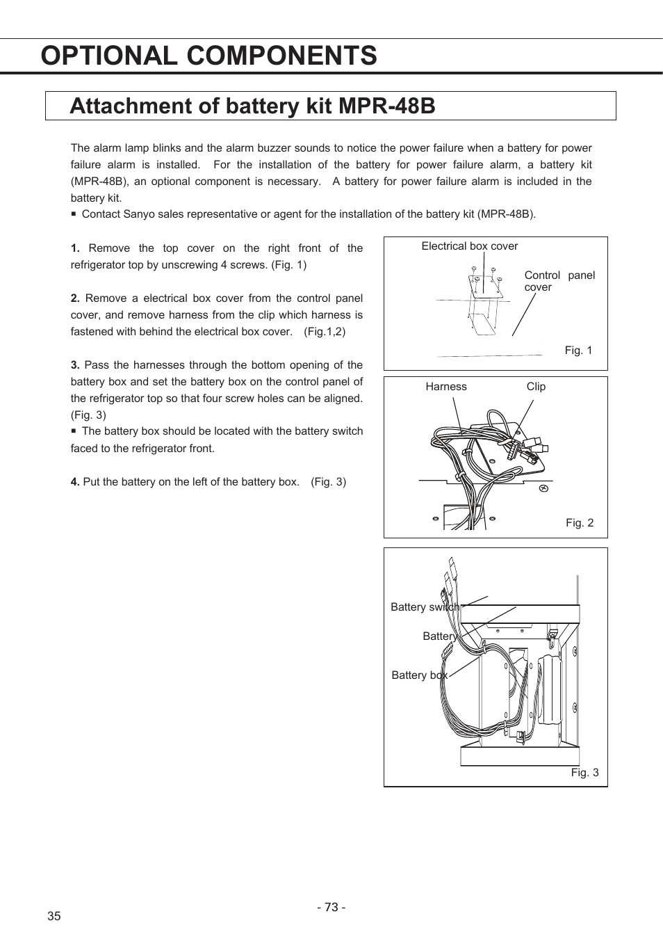 Optional components, Attachment of battery kit mpr-48b | Sanyo MPR-1411R User Manual | Page 36 / 41