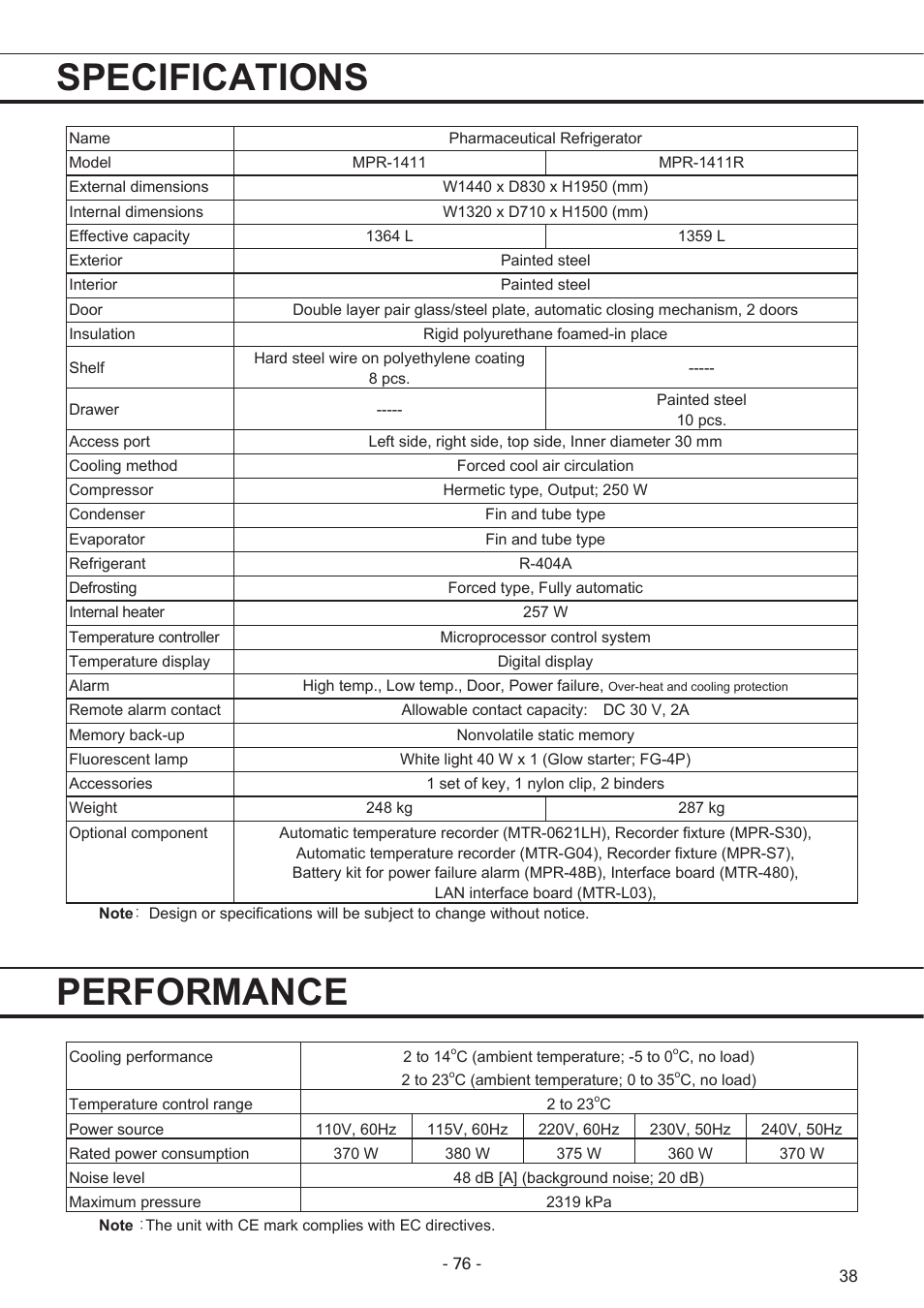 Specifications, Performance | Sanyo MPR-1411R User Manual | Page 39 / 41