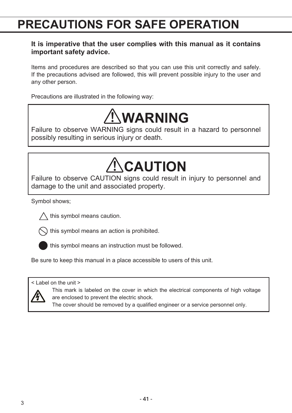 Warning, Caution, Precautions for safe operation | Sanyo MPR-1411R User Manual | Page 4 / 41