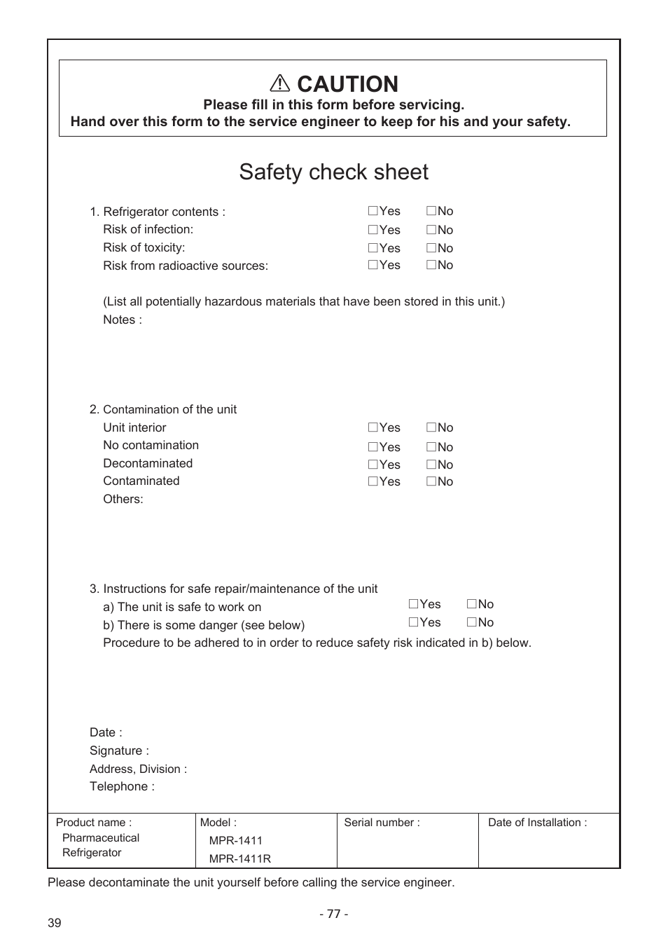 Caution, Safety check sheet | Sanyo MPR-1411R User Manual | Page 40 / 41