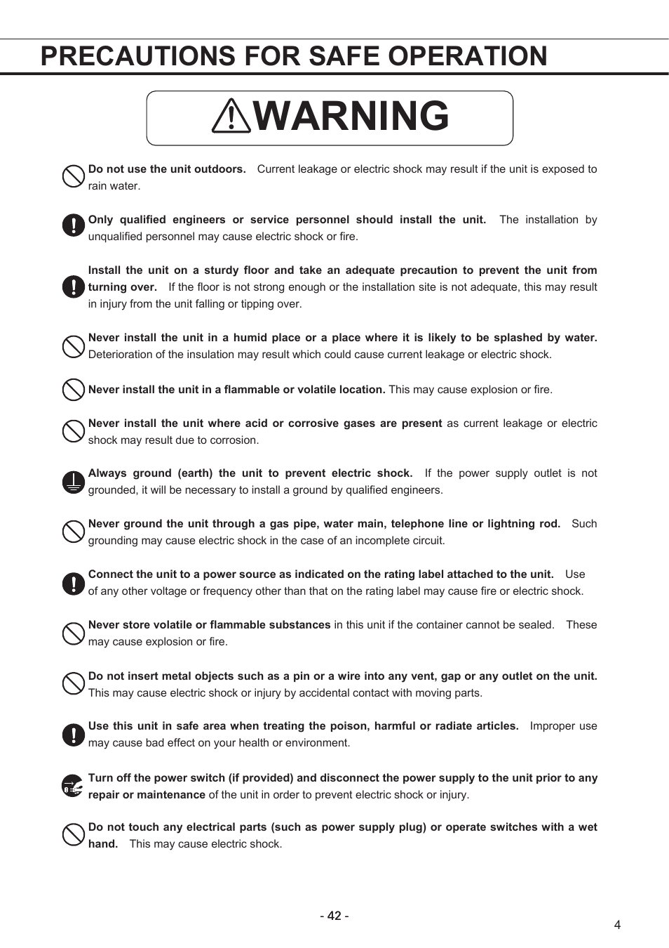 Warning, Precautions for safe operation | Sanyo MPR-1411R User Manual | Page 5 / 41