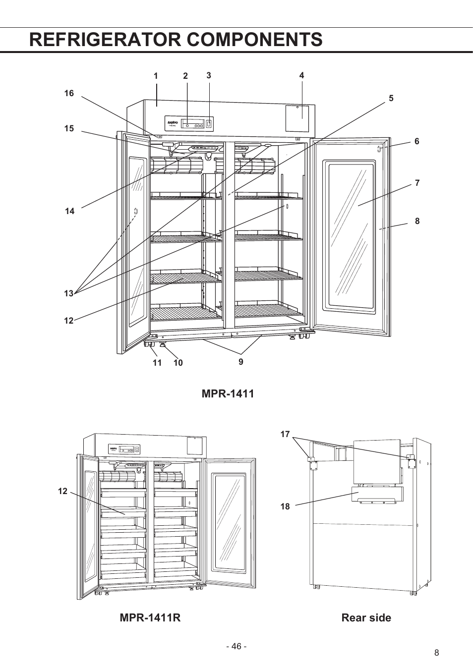 Refrigerator components, Rear side | Sanyo MPR-1411R User Manual | Page 9 / 41