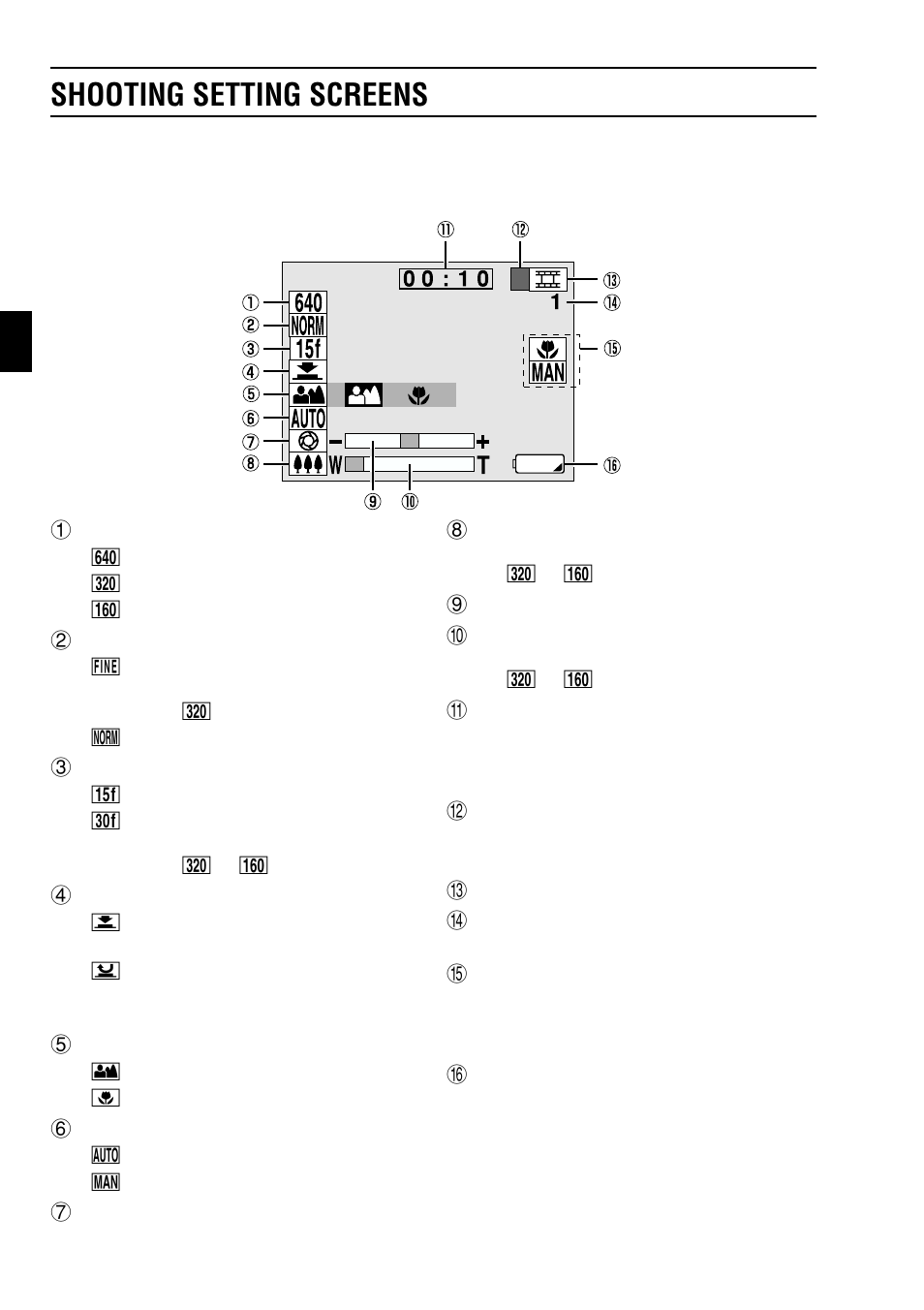 Video clip shooting setting screen, Shooting setting screens | Sanyo VPC-SX550EX User Manual | Page 36 / 52