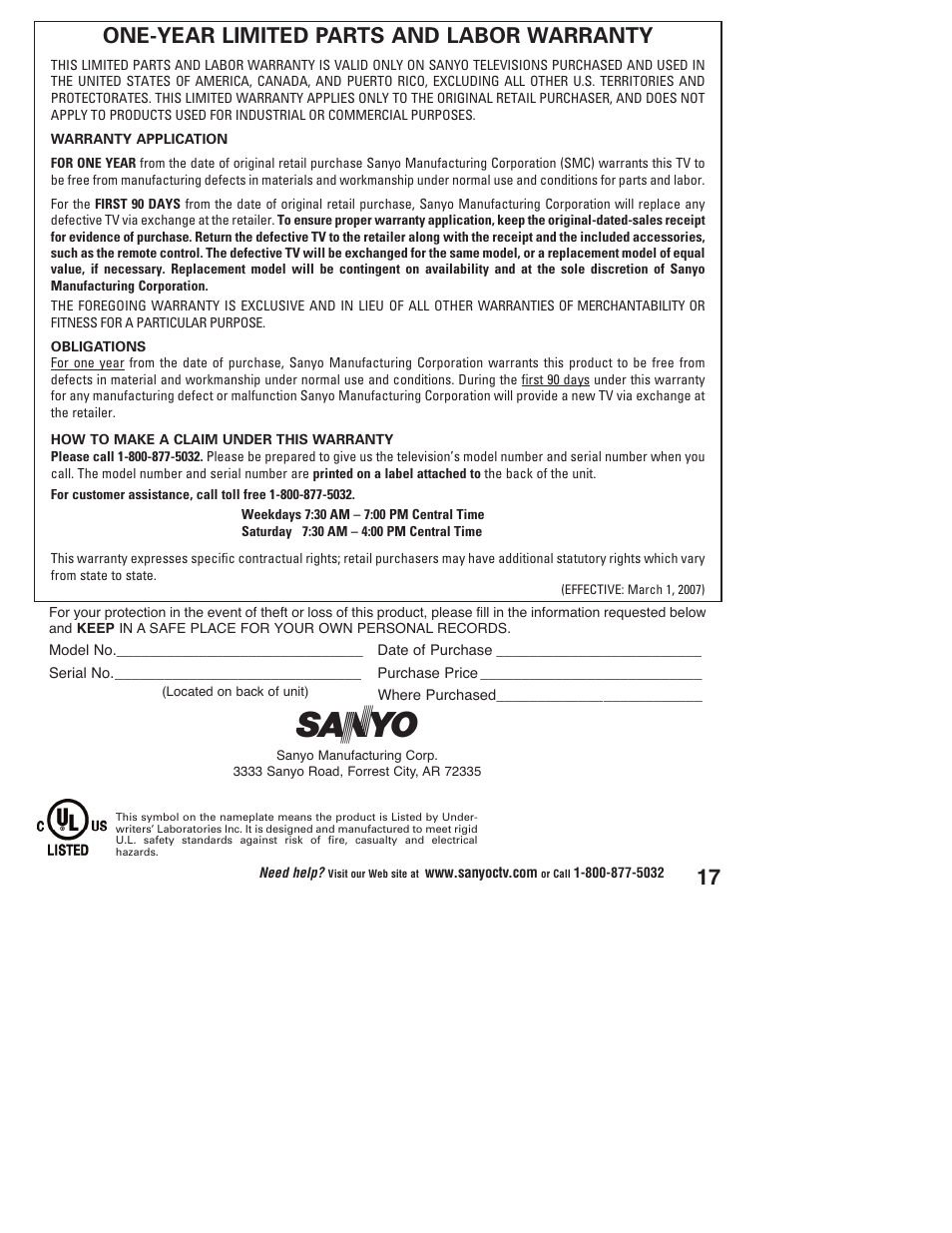 One-year limited parts and labor warranty | Sanyo Vizzon DP50747 User Manual | Page 17 / 52