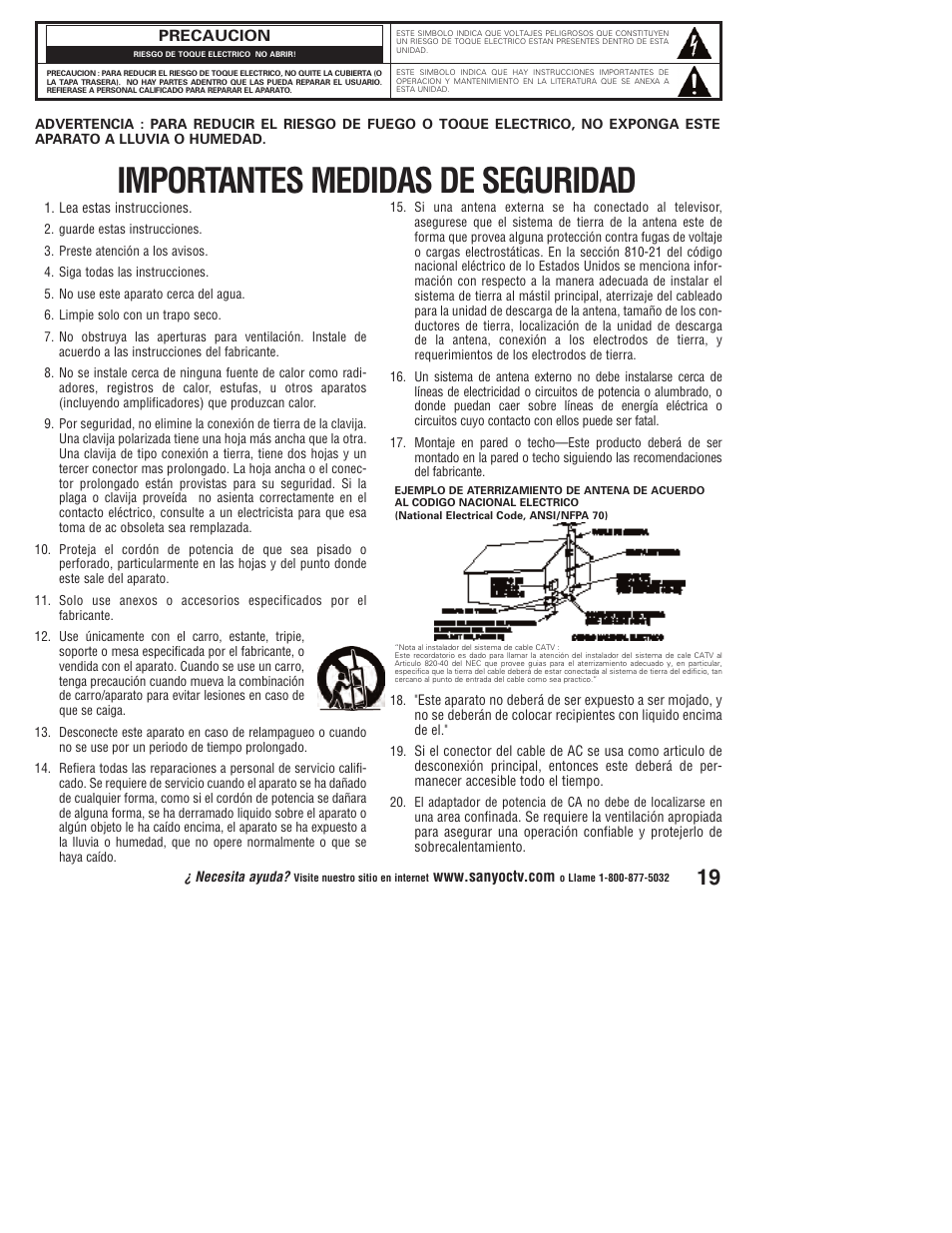 Importantes medidas de seguridad | Sanyo Vizzon DP50747 User Manual | Page 19 / 52