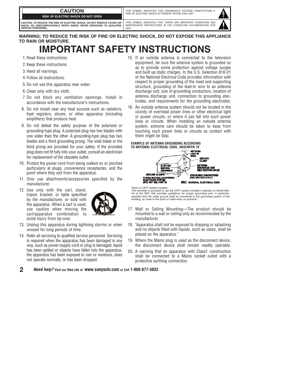 Important safety instructions | Sanyo Vizzon DP50747 User Manual | Page 2 / 52
