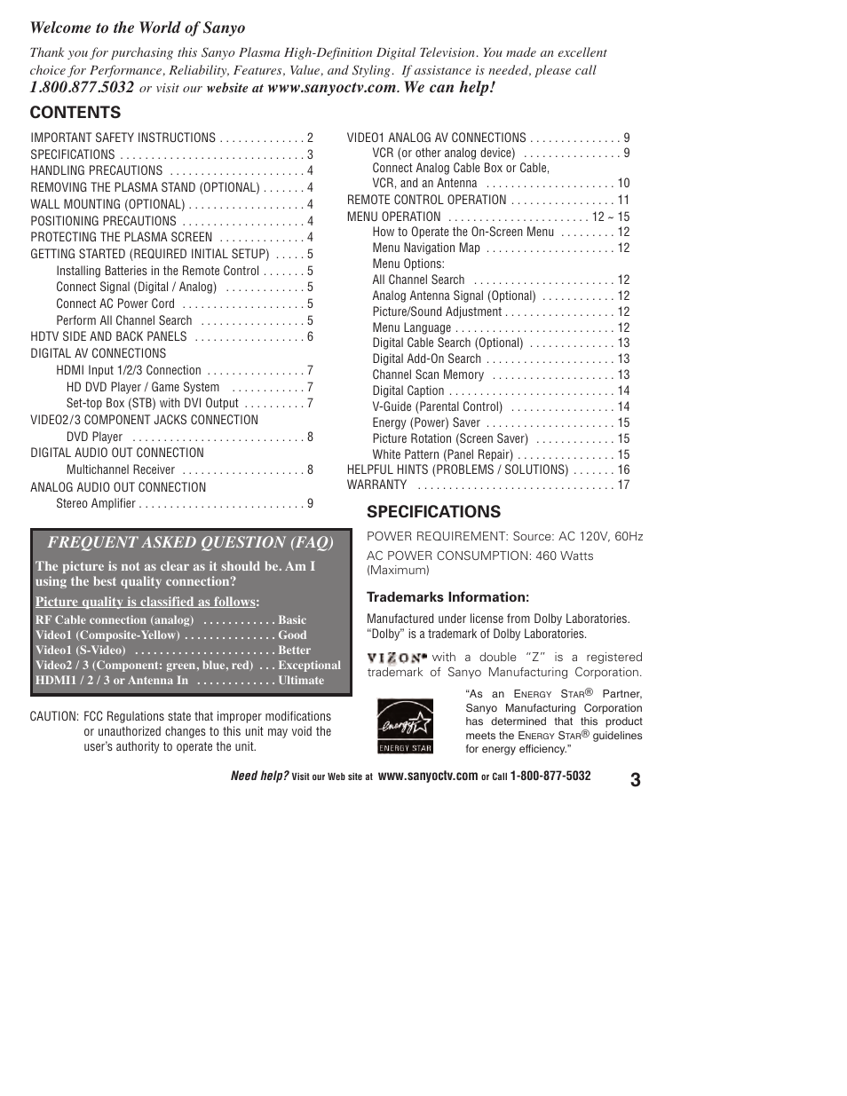 Sanyo Vizzon DP50747 User Manual | Page 3 / 52