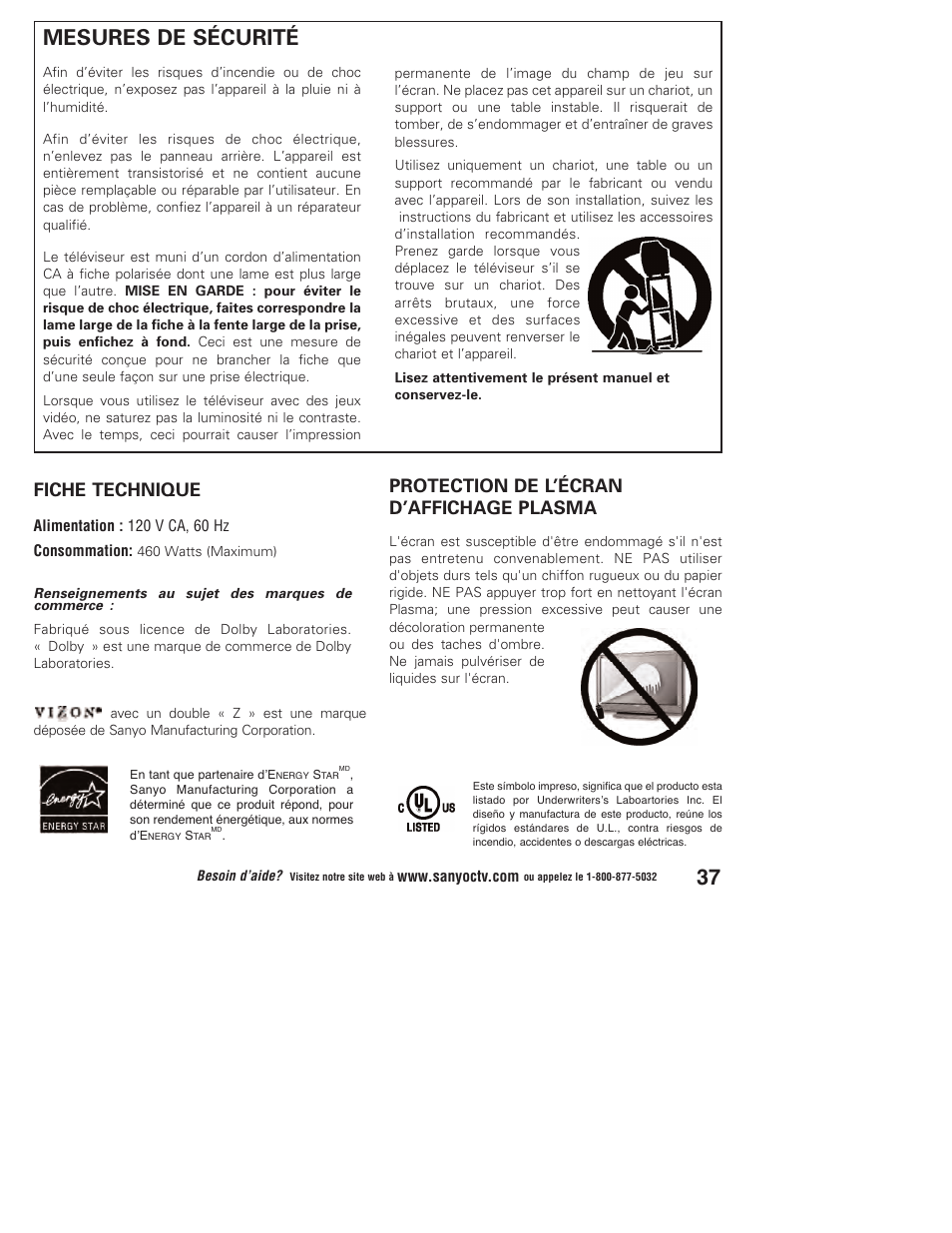 Mesures de sécurité, Protection de l’écran d’affichage plasma, Fiche technique | Sanyo Vizzon DP50747 User Manual | Page 37 / 52