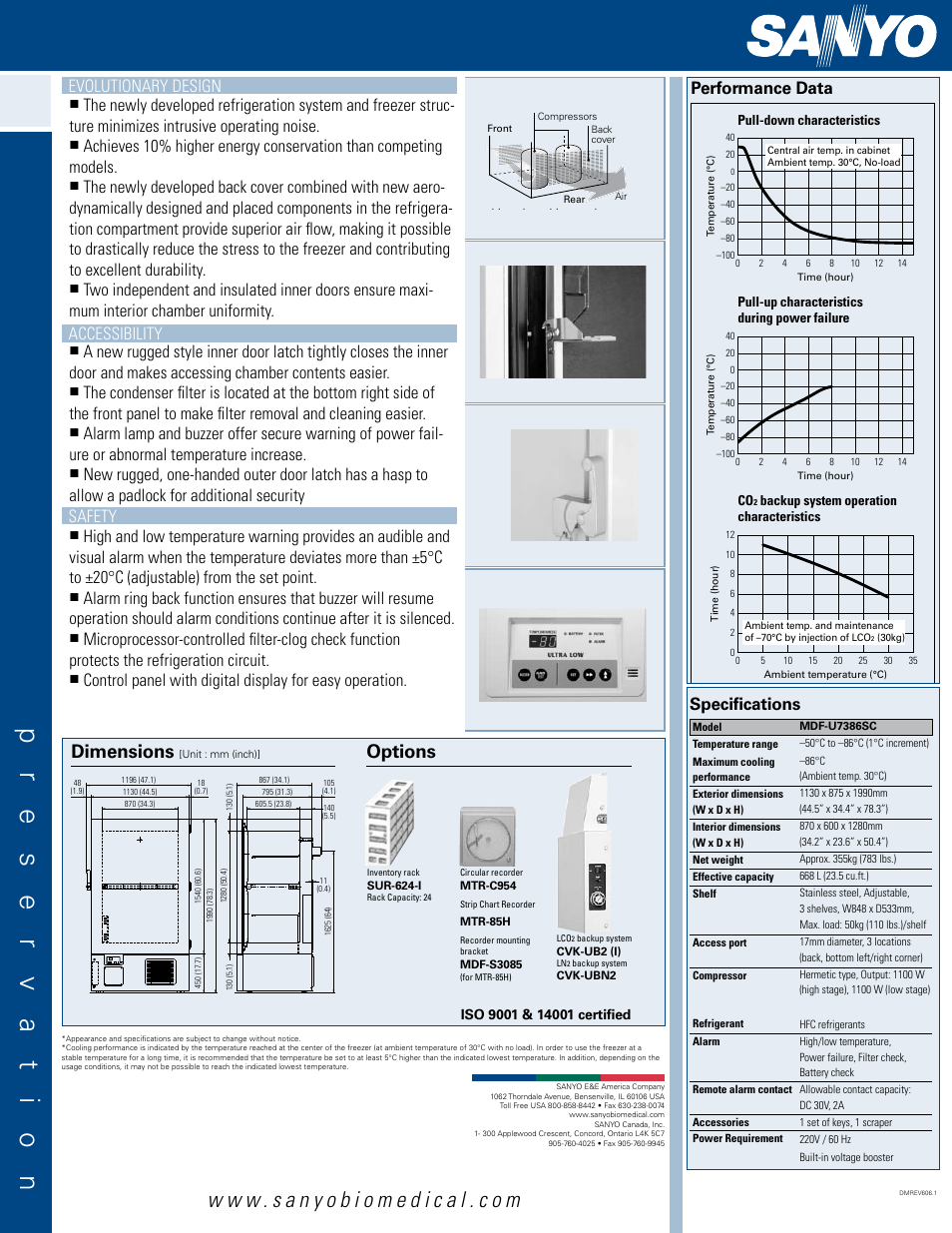 Mdf-u7386s, Dimensions, Specifications | Performance data options, Features, Evolutionary design, Accessibility, Safety | Sanyo MDF-U7386SC User Manual | Page 2 / 2