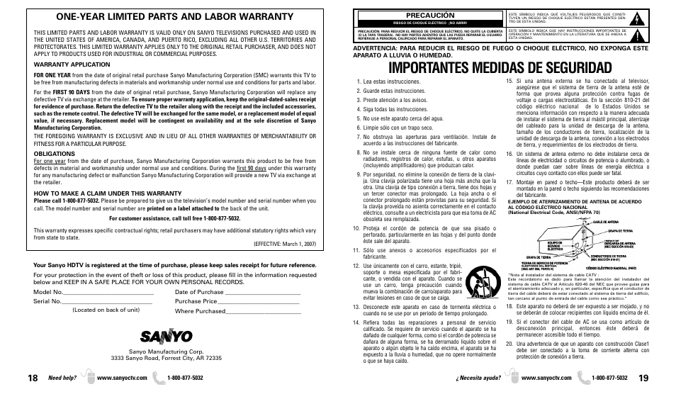 Importantes medidas de seguridad, One-year limited parts and labor warranty | Sanyo DP50719 User Manual | Page 10 / 19