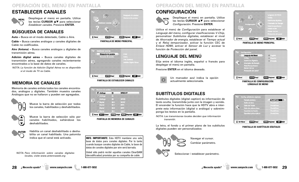 Configuración, Operación del menú en pantalla, Establecer canales | Lenguaje del menú, Subtítulos digitales, Búsqueda de canales | Sanyo DP50719 User Manual | Page 15 / 19