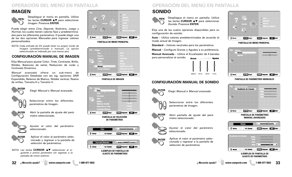 Sonido operación del menú en pantalla, Imagen operación del menú en pantalla, Configuración manual de sonido | Configuración manual de imagen | Sanyo DP50719 User Manual | Page 17 / 19