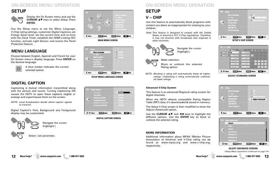 Setup, On-screen menu operation, Setup on-screen menu operation | Menu language, Digital caption, V – chip | Sanyo DP50719 User Manual | Page 7 / 19