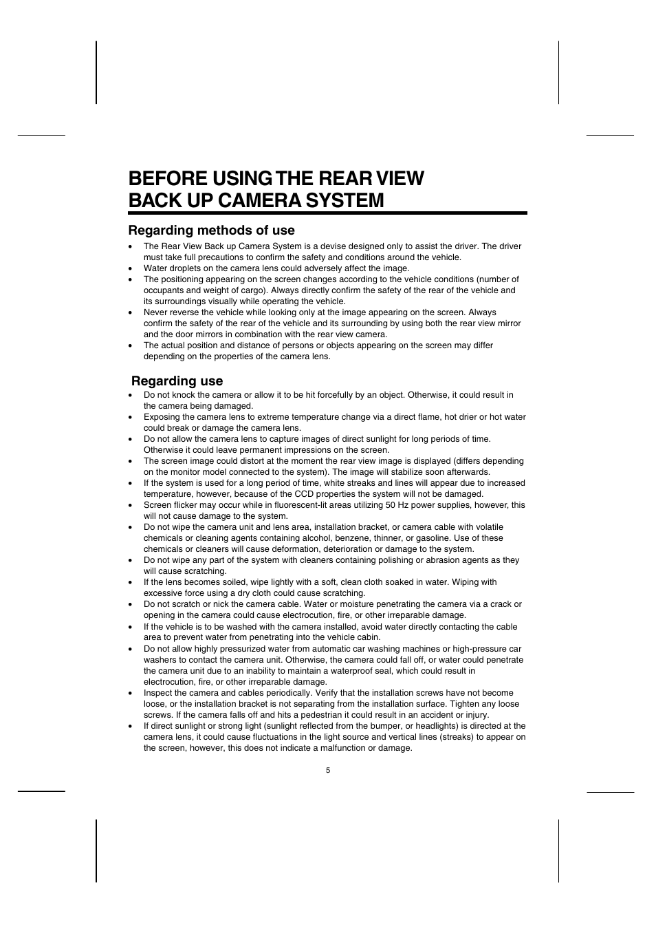 Before using the rear view back up camera system, Regarding methods of use, Regarding use | Sanyo CCA-BC200 User Manual | Page 6 / 24