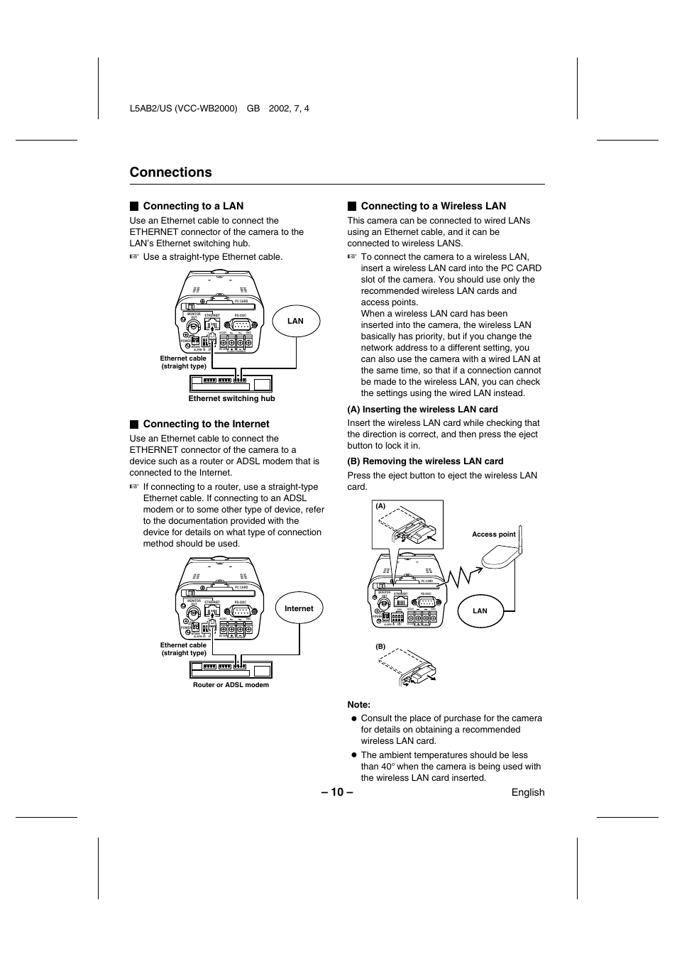 Connections, Connecting to a lan, Connecting to the internet | Connecting to a wireless lan, English, Use a straight-type ethernet cable, Ethernet switching hub lan, Internet | Sanyo VCC-WB2000 User Manual | Page 11 / 52