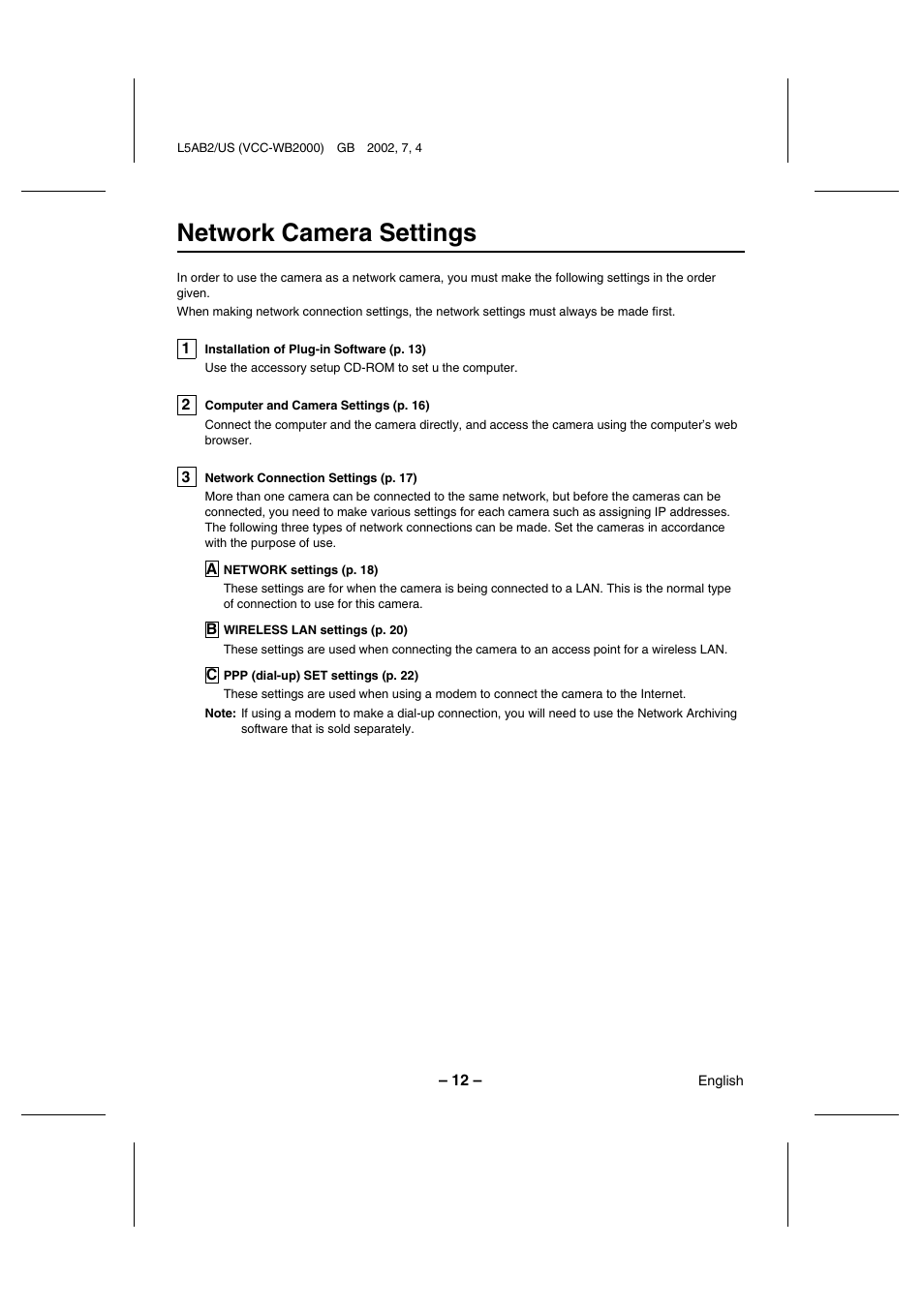 Network camera settings | Sanyo VCC-WB2000 User Manual | Page 13 / 52