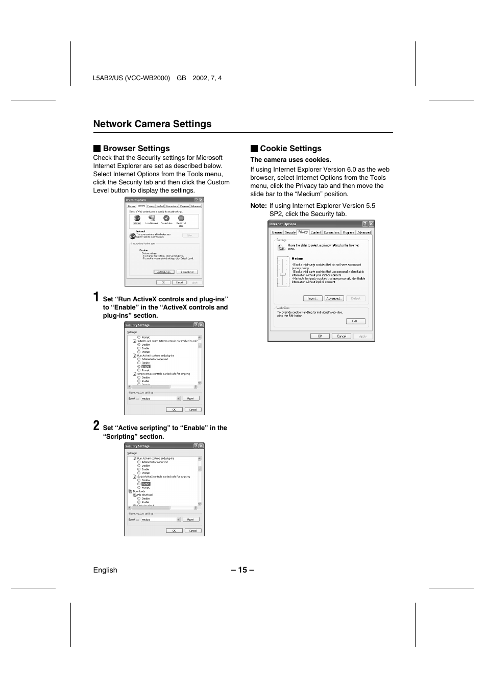 Network camera settings | Sanyo VCC-WB2000 User Manual | Page 16 / 52