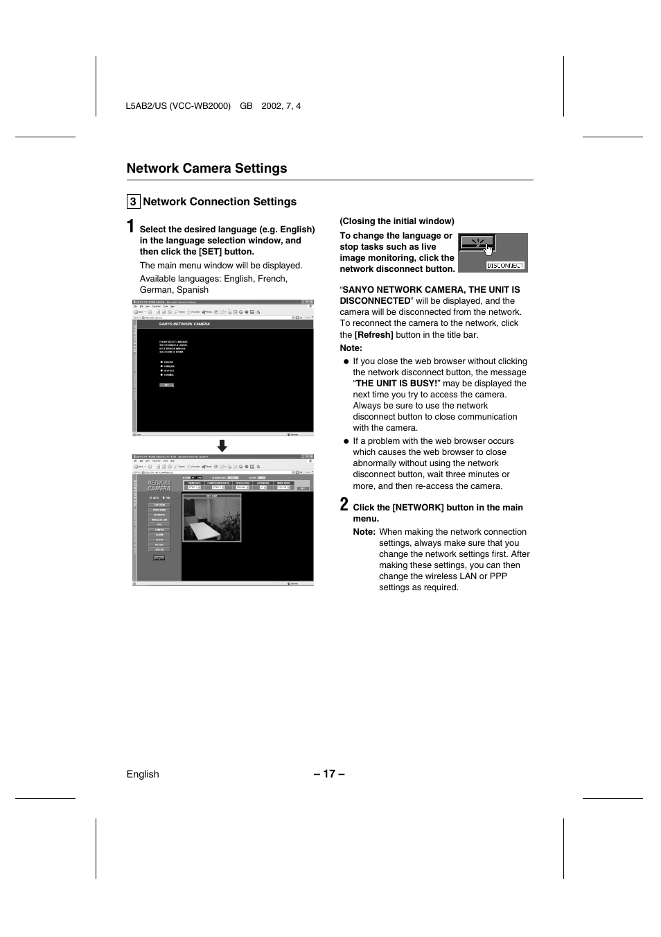 Network camera settings | Sanyo VCC-WB2000 User Manual | Page 18 / 52