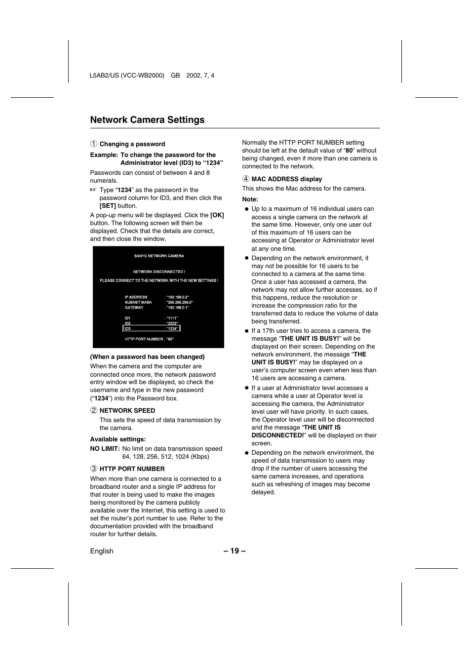 Network camera settings | Sanyo VCC-WB2000 User Manual | Page 20 / 52