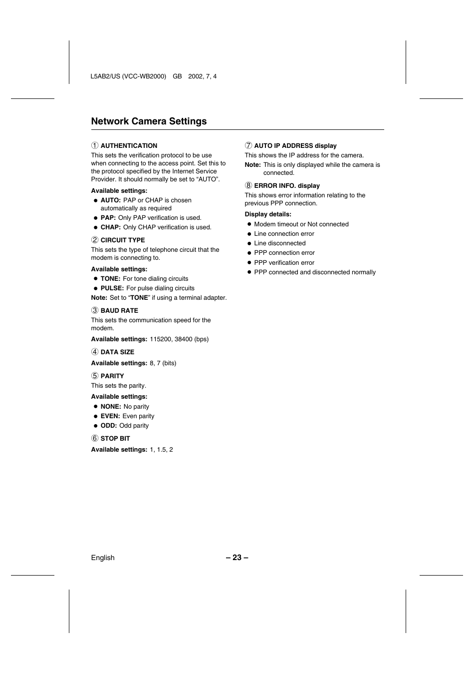 Network camera settings | Sanyo VCC-WB2000 User Manual | Page 24 / 52