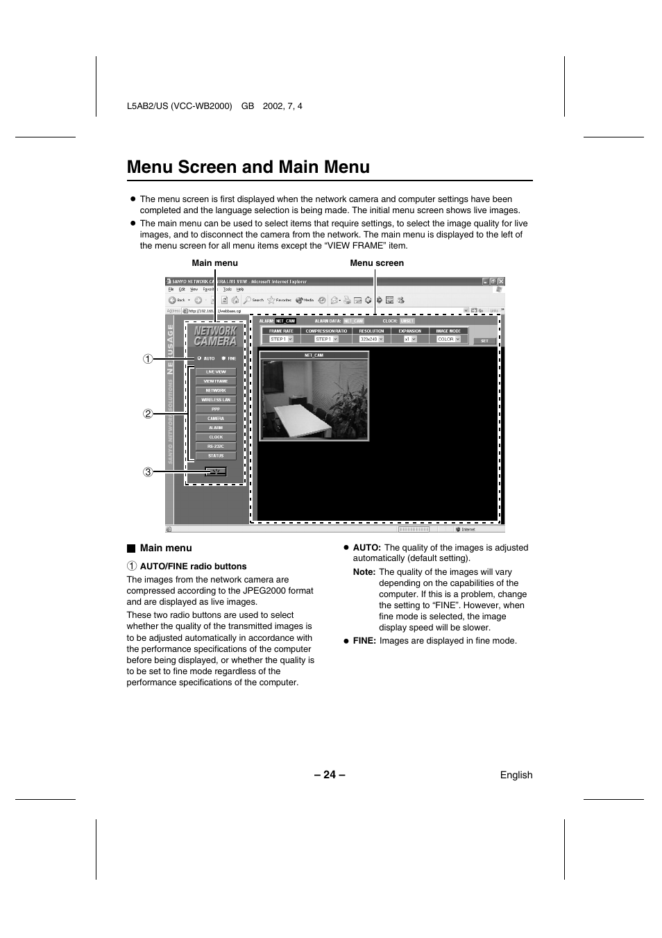 Menu screen and main menu | Sanyo VCC-WB2000 User Manual | Page 25 / 52