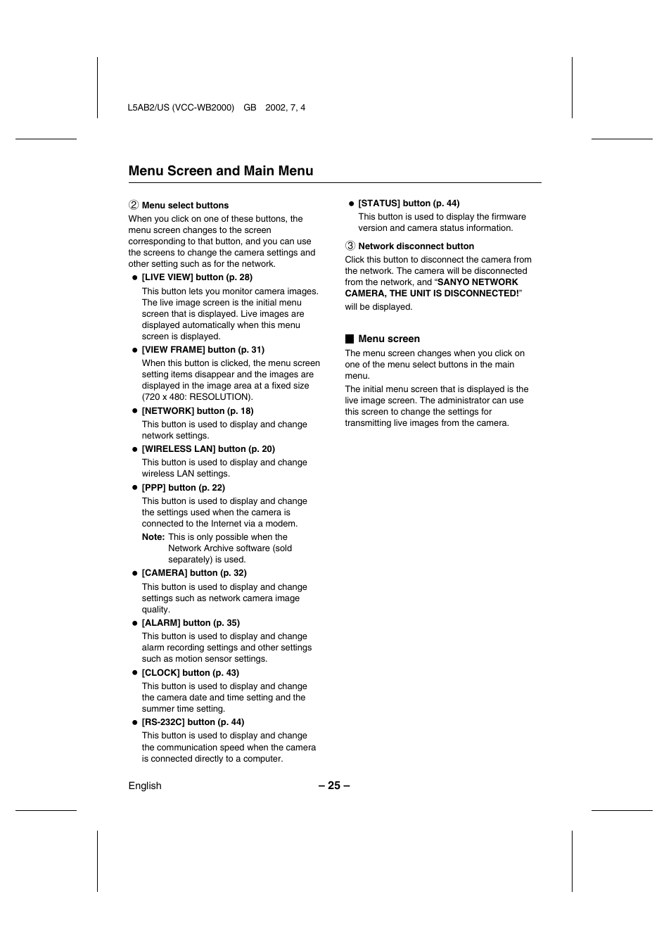 Menu screen and main menu | Sanyo VCC-WB2000 User Manual | Page 26 / 52