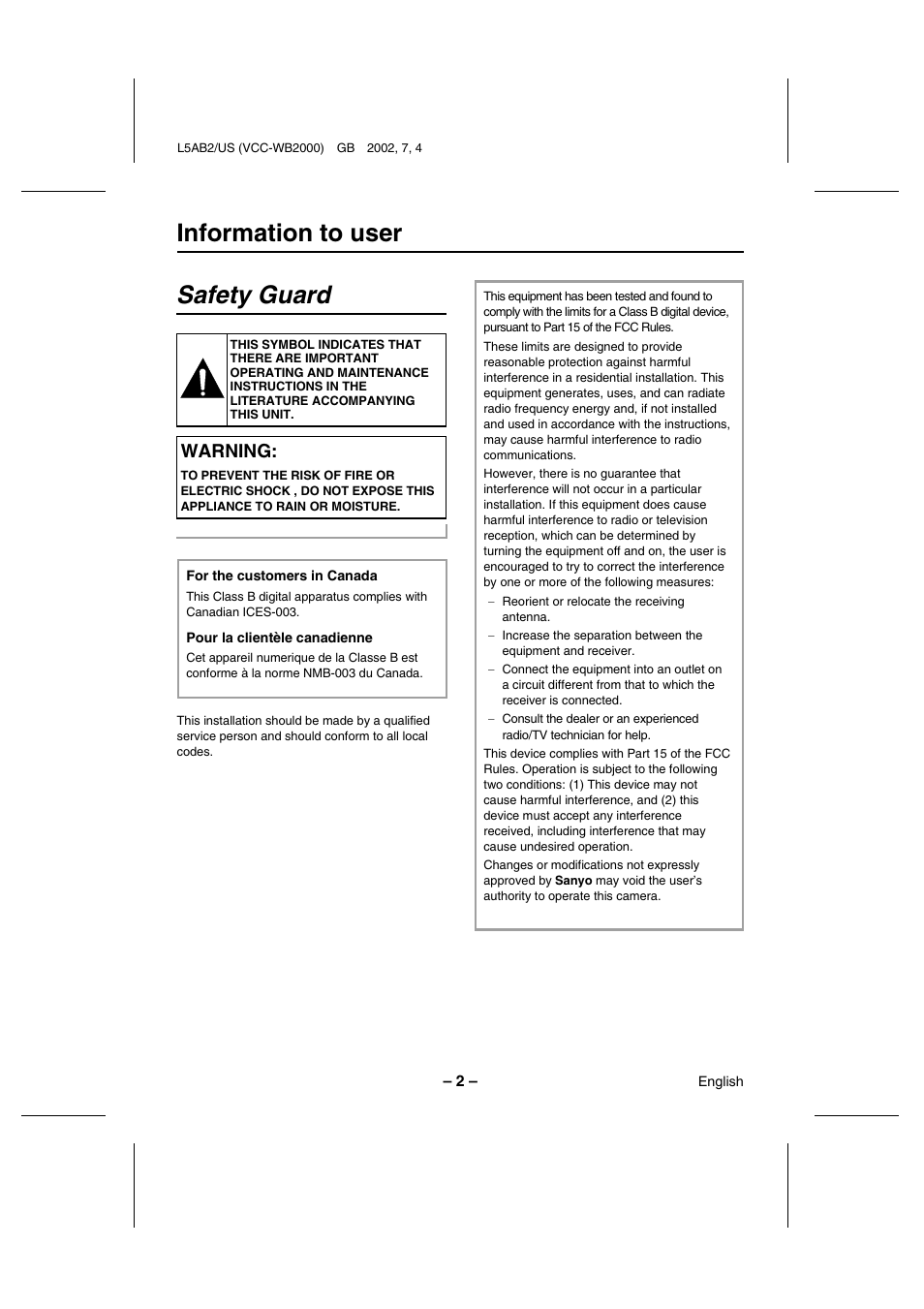 Information to user safety guard, Warning | Sanyo VCC-WB2000 User Manual | Page 3 / 52