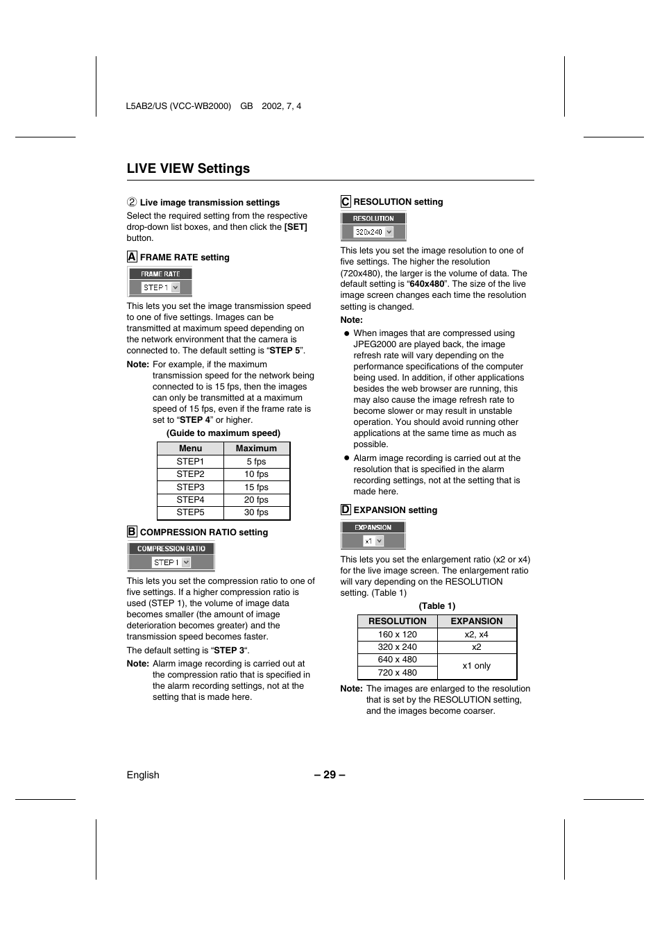 Live view settings | Sanyo VCC-WB2000 User Manual | Page 30 / 52