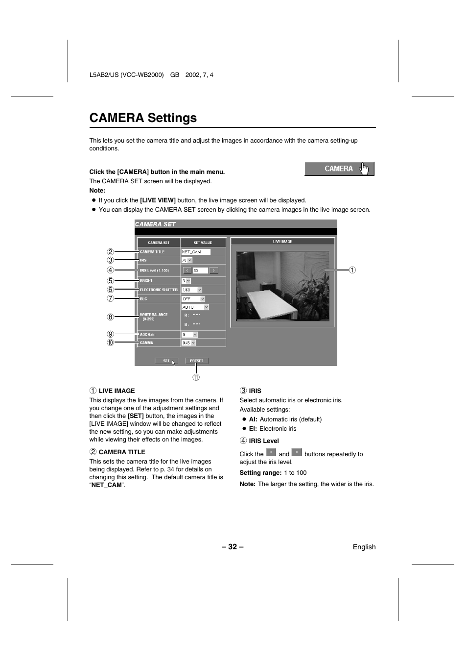 Camera settings | Sanyo VCC-WB2000 User Manual | Page 33 / 52