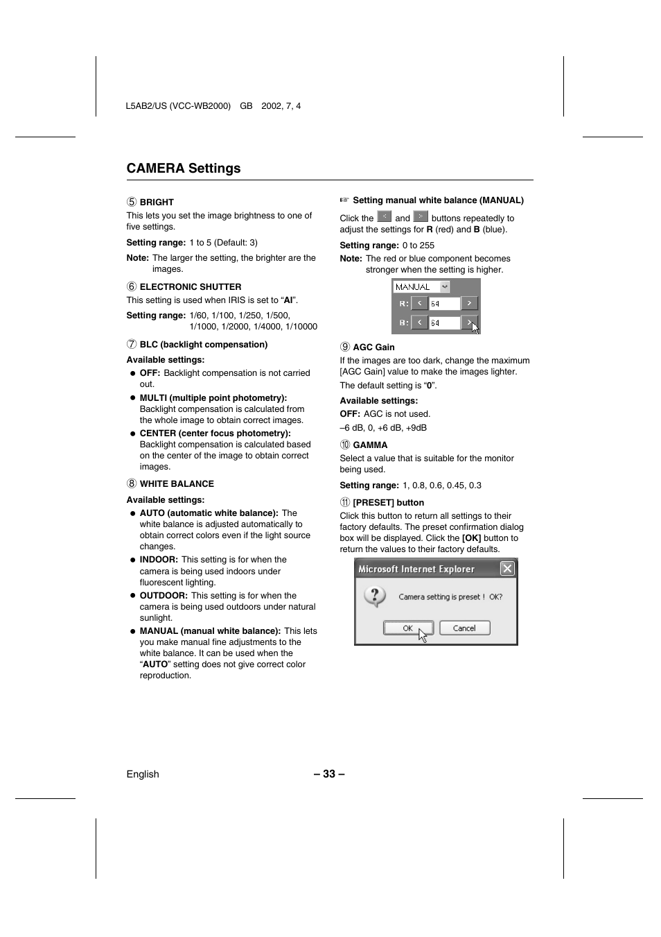 Camera settings | Sanyo VCC-WB2000 User Manual | Page 34 / 52