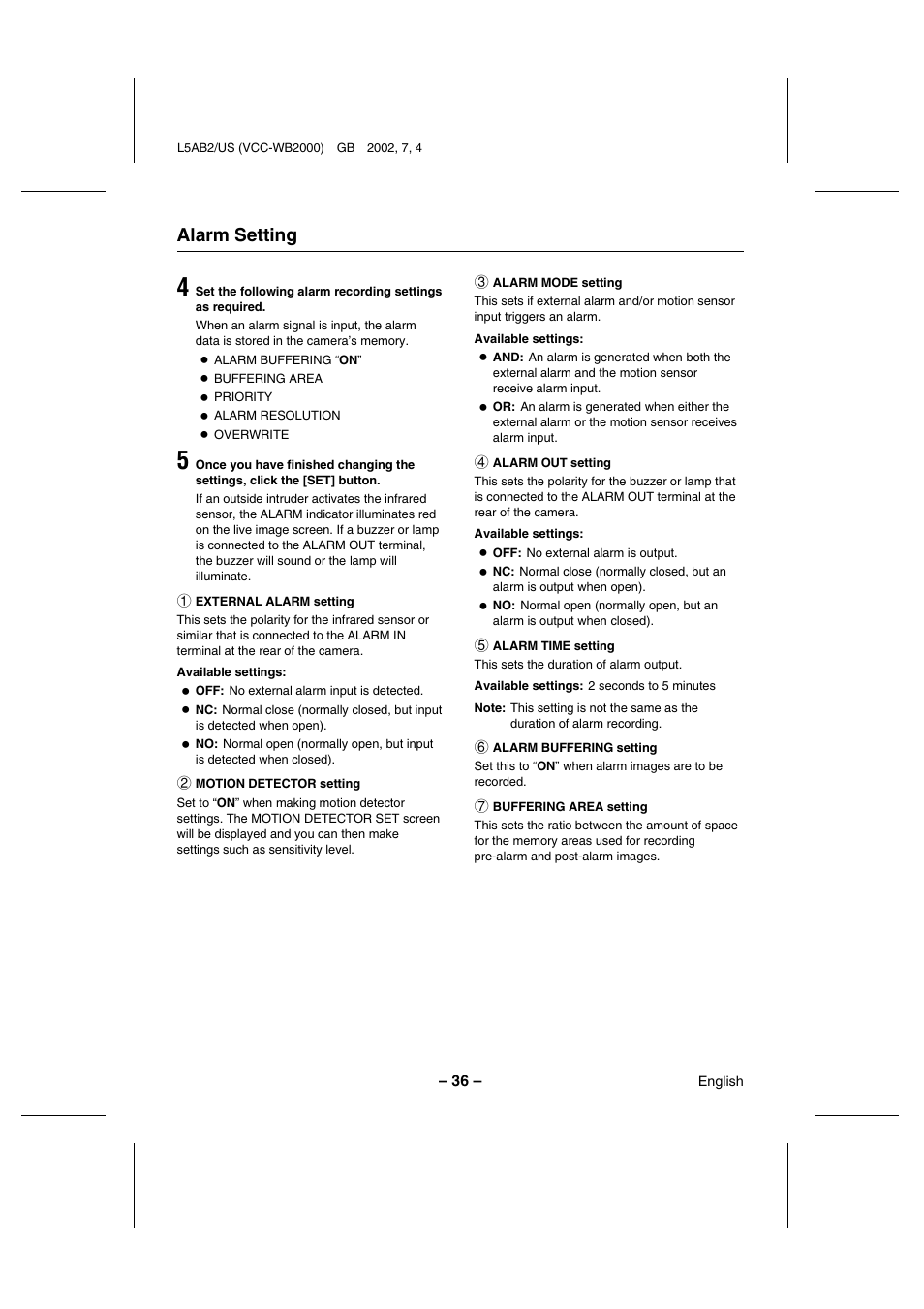 Alarm setting | Sanyo VCC-WB2000 User Manual | Page 37 / 52