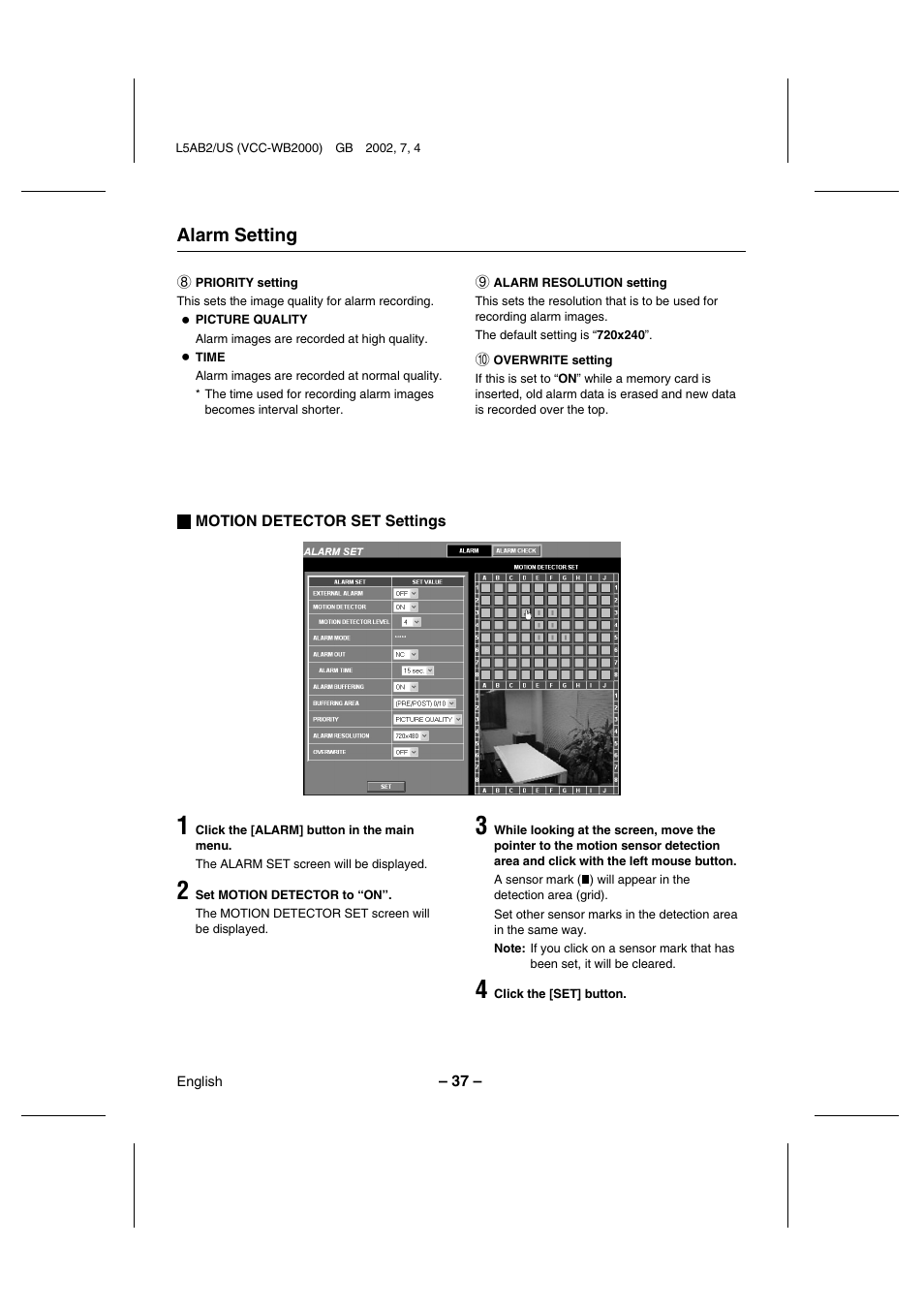 Alarm setting | Sanyo VCC-WB2000 User Manual | Page 38 / 52
