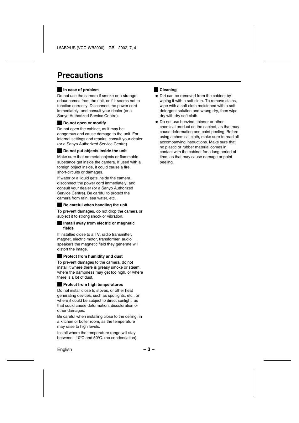 Precautions | Sanyo VCC-WB2000 User Manual | Page 4 / 52
