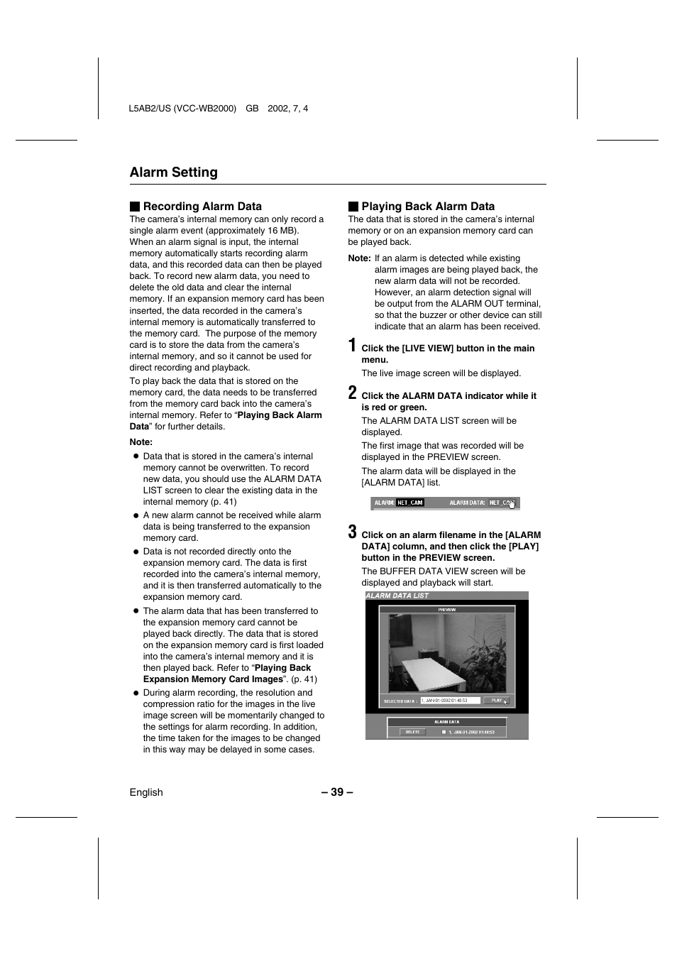 Alarm setting | Sanyo VCC-WB2000 User Manual | Page 40 / 52