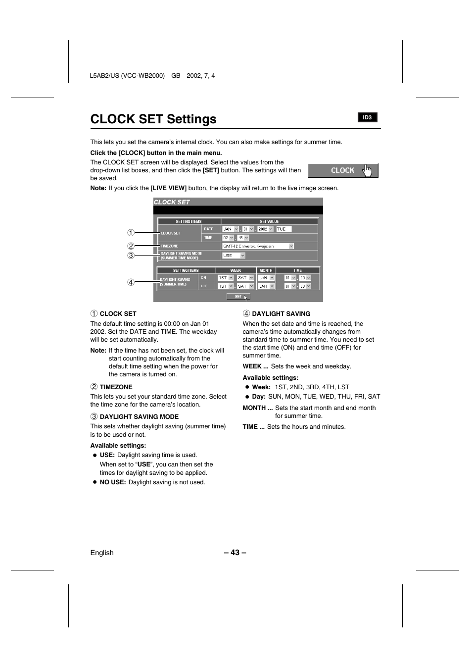 Clock set settings | Sanyo VCC-WB2000 User Manual | Page 44 / 52