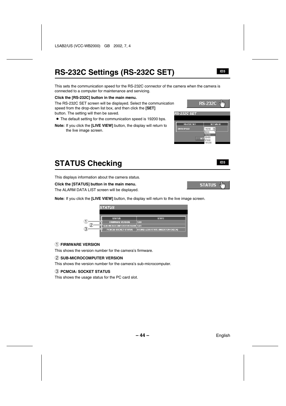 Status checking | Sanyo VCC-WB2000 User Manual | Page 45 / 52