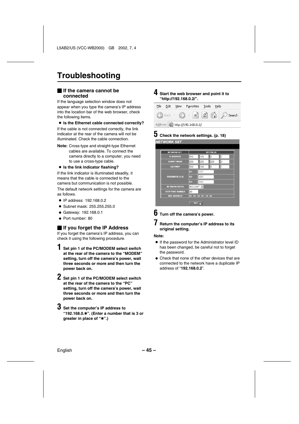 Troubleshooting | Sanyo VCC-WB2000 User Manual | Page 46 / 52