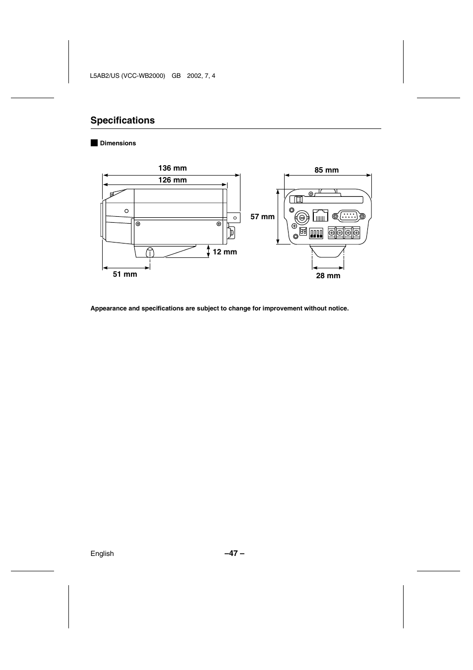 Specifications | Sanyo VCC-WB2000 User Manual | Page 48 / 52