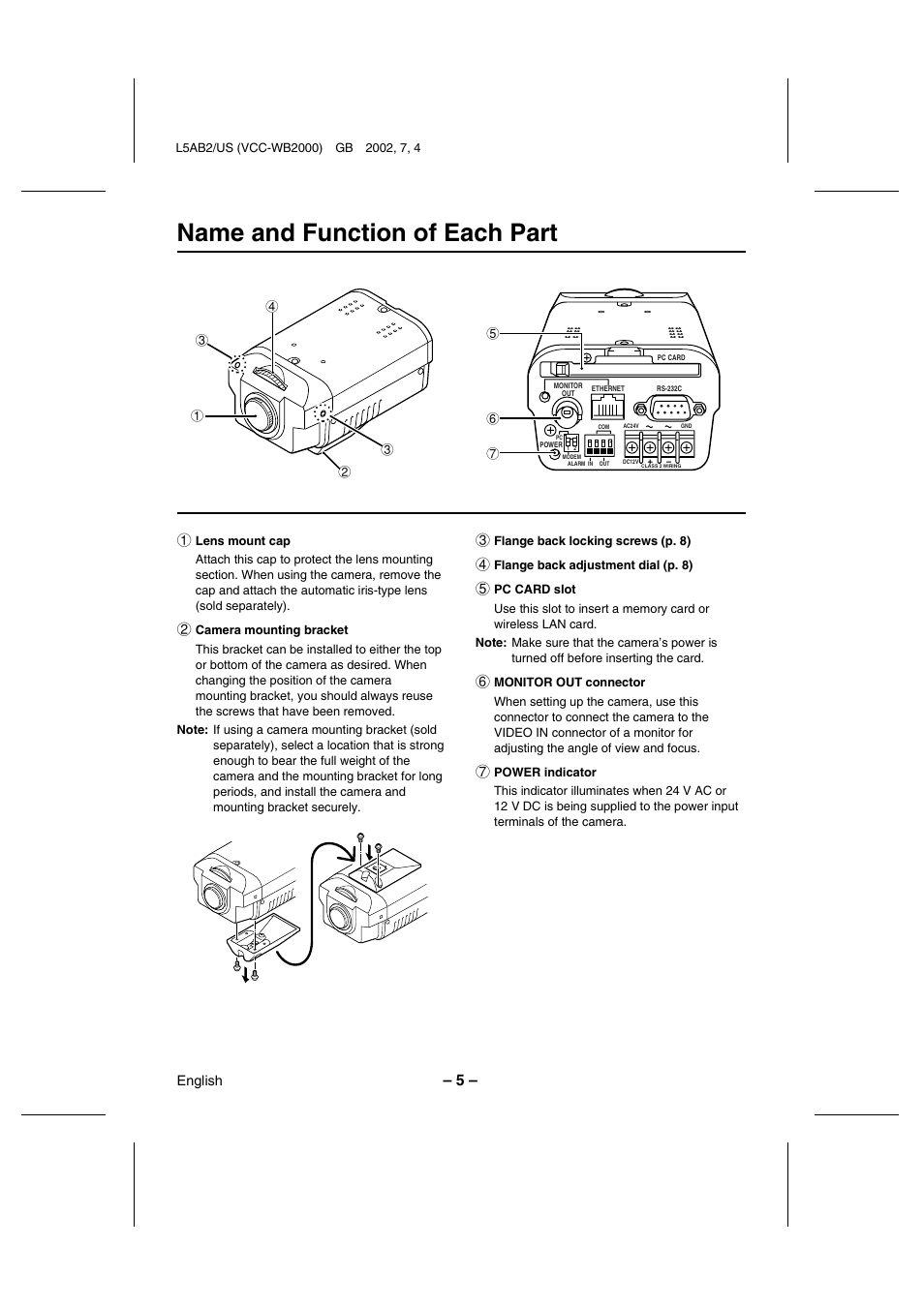 Name and function of each part | Sanyo VCC-WB2000 User Manual | Page 6 / 52