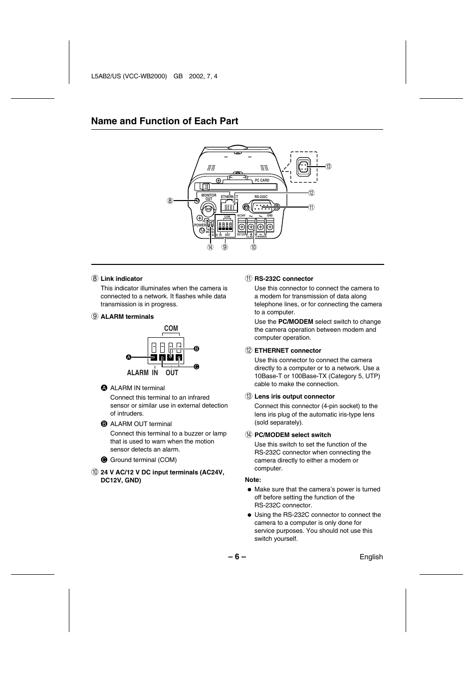 Name and function of each part | Sanyo VCC-WB2000 User Manual | Page 7 / 52