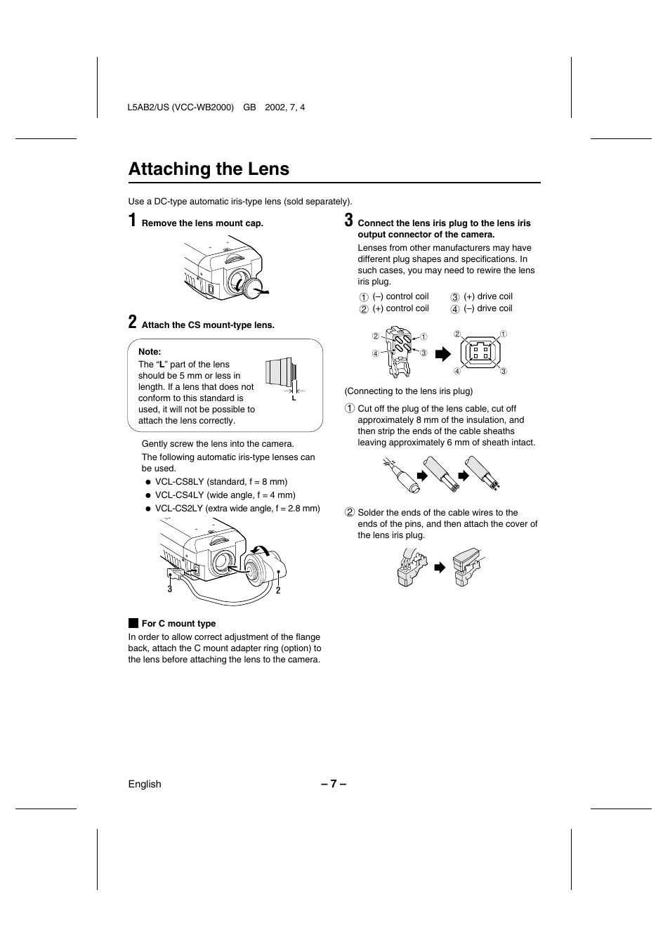 Attaching the lens | Sanyo VCC-WB2000 User Manual | Page 8 / 52