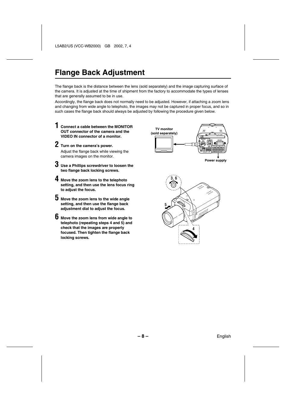 Flange back adjustment | Sanyo VCC-WB2000 User Manual | Page 9 / 52