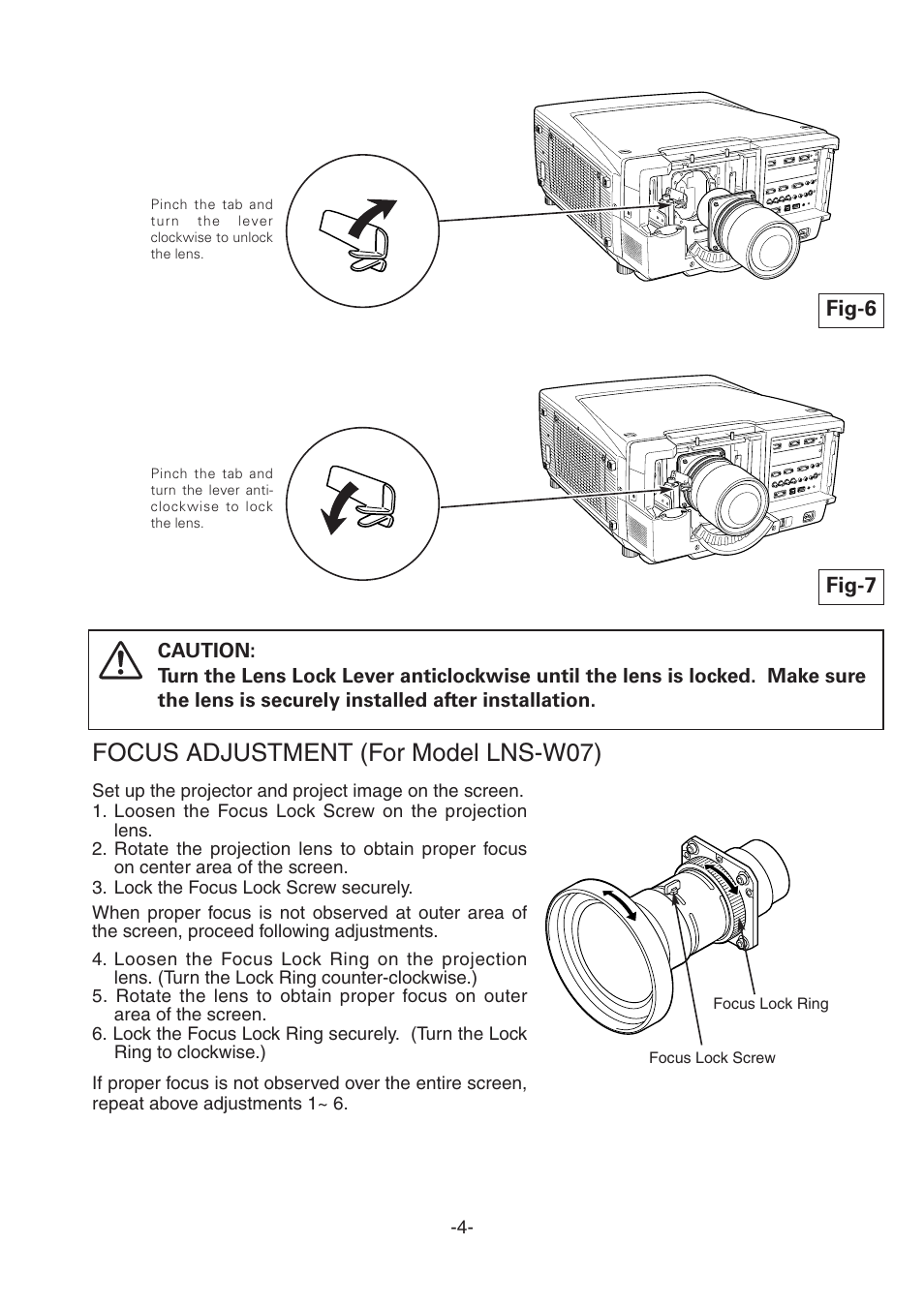 Focus adjustment (for model lns-w07), Fig-6 fig-7 | Sanyo LNS-W06 User Manual | Page 5 / 6