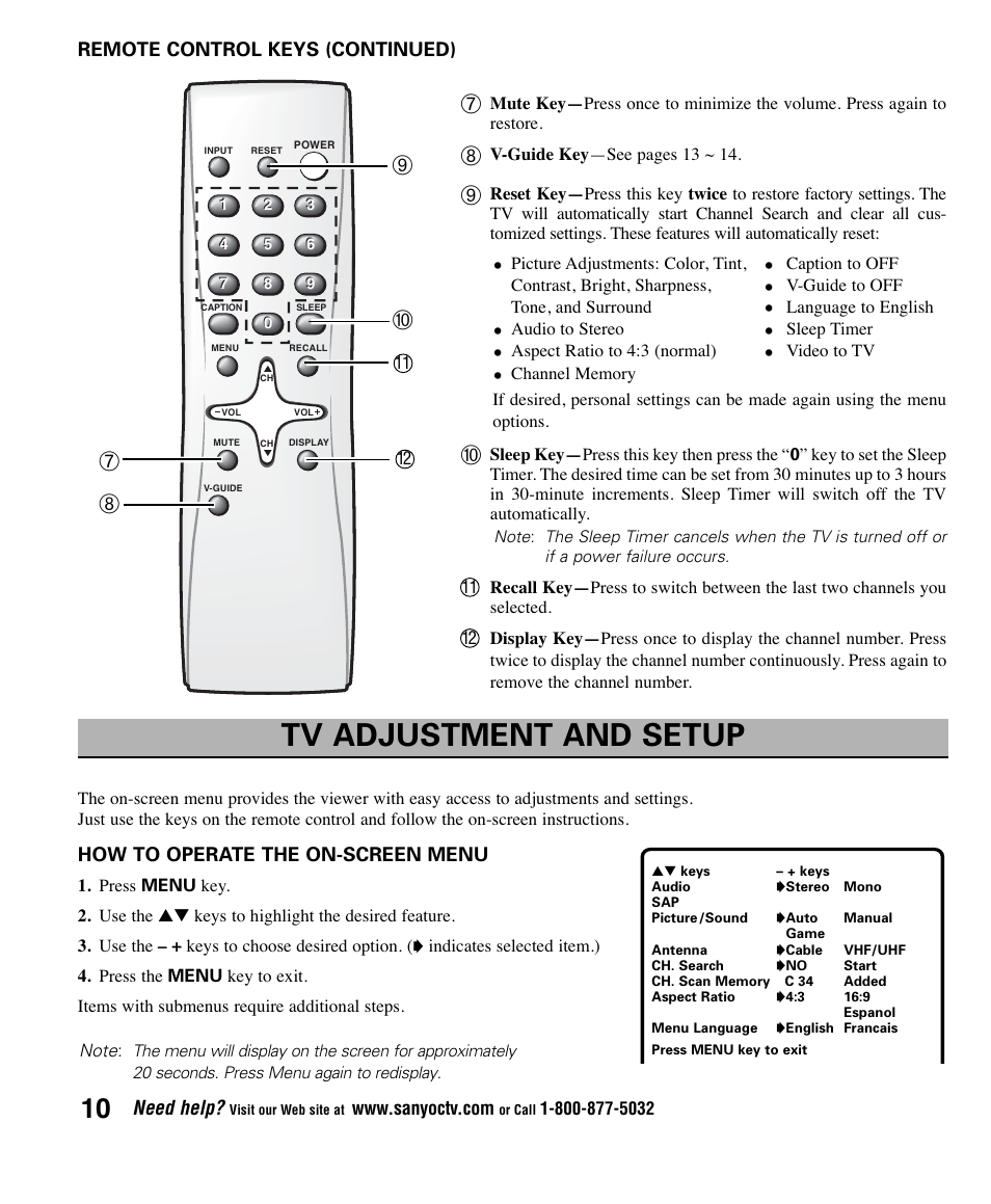 Tv adjustment and setup | Sanyo AVM2445 User Manual | Page 10 / 18